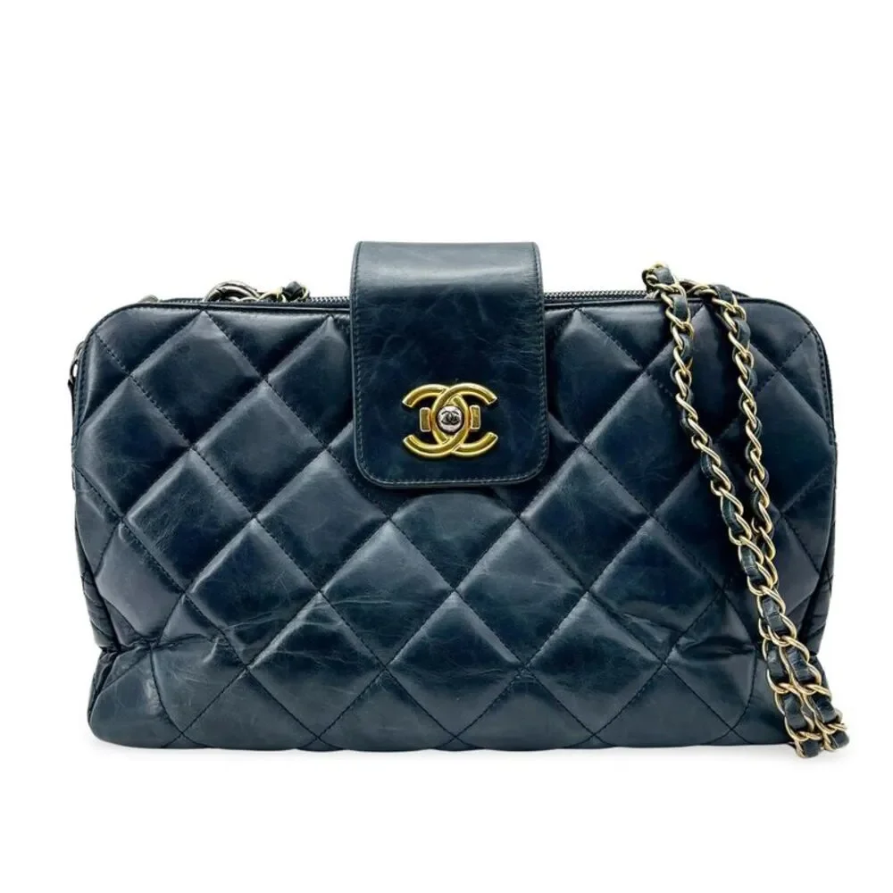 Chanel Vintage Lambskin Frame Chain Shoulder Bag Navy Gold Hardware